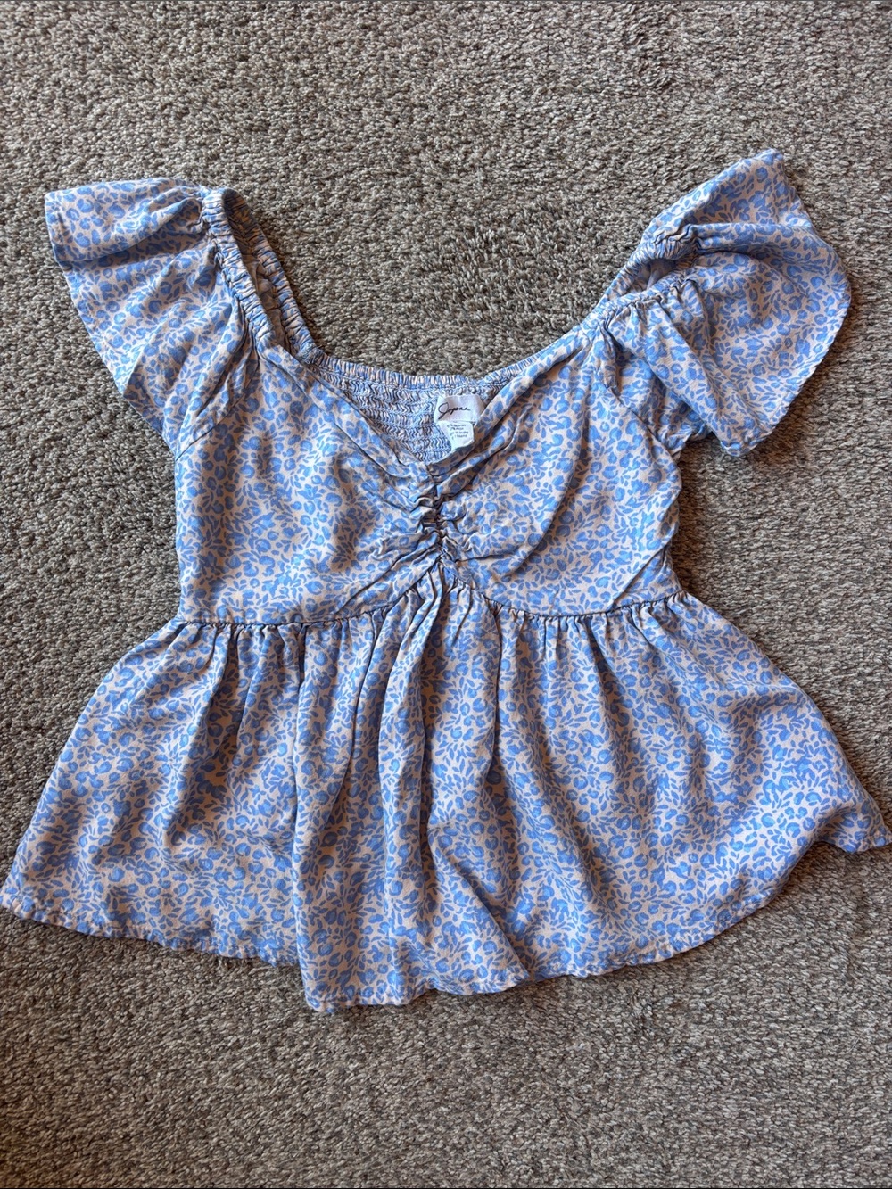 Blue Floral Ruffle Peplum Blouse with Ruched Front